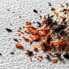 Aufkleber - Abstract Texture: Close-Up of Black and Orange Crumbs on a Textured White Surface with Contrasting Shadows.