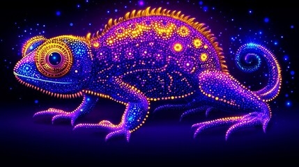 Wall Mural - Radiant chameleon artistry with vibrant neon glow effect creating a visually stunning nocturnal creature with captivating chromatic hues illustration