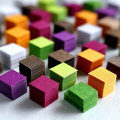 Aufkleber - Colorful Paper Cubes: A Vibrant Stack of Textured Notes and Creative Supplies on a White Surface