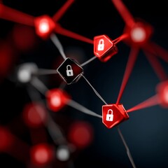 Aufkleber - Cybersecurity Network Vulnerability: Red and Black Nodes with Padlock Icons Connected by Data Streams