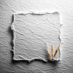 Poster - Delicate Torn Paper Frame on Textured Background with Dried Wheat Stalks, Evoking Minimalist and Natural Aesthetic.