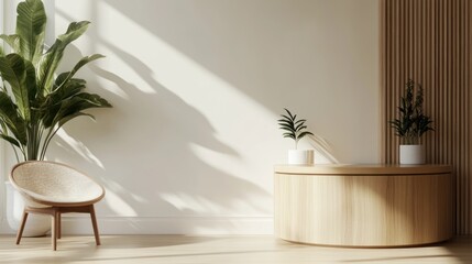 Poster - a tranquil interior scene showcasing the harmony of natural light foliage and minimalist design elements creating a soothing and elegant ambiance for relaxation and contemplation