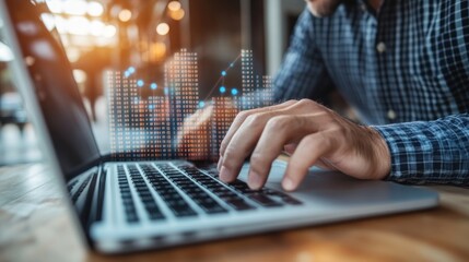 Poster - a person types on a laptop with a digital financial chart overlay displaying data analysis and investment growth in a modern office setting showcasing business strategy and technological advancement