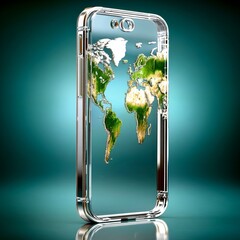 Aufkleber - Global Reach: A smartphone with the world map on its screen, connecting the world through technology and digital innovation.
