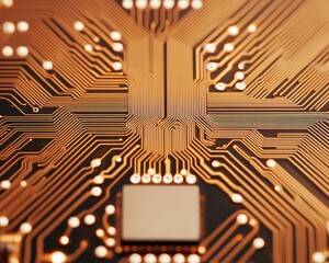 Fototapete - An abstract close-up shows intricate copper circuit board patterns with its complex connections, representing high technology and modern enginee design today.