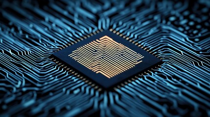 Fototapete - A detailed close-up shows the intricate pathways of a microchip circuit board, illuminating the complex technological innovation behind modern electronics.