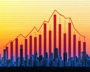 Aufkleber - A vibrant city skyline is overlaid with a financial graph showing fluctuations in the market, creating a visual representation of economic trends and growth patterns.