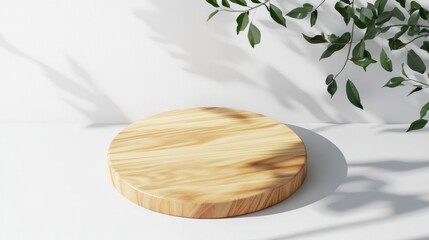 Poster - a serene minimalist scene featuring a wooden podium bathed in the soft light and shadows of a leafy branch, presenting an ideal space for product showcases with a touch of nature's tranquility