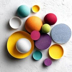 Aufkleber - Textured Spheres and Discs on Plaster: An Abstract Composition of Colors and Tactile Surfaces