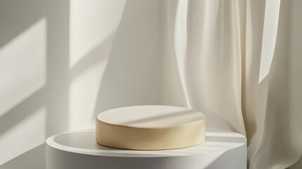 Poster - minimalist presentation backdrop featuring a smooth round podium bathed in soft sunlight casting shadows against a pristine curtain backdrop creating a serene and elegant scene