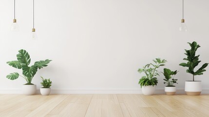 Poster - minimalist interior rendering displaying various potted plants on a light wood floor against a clean white wall highlighted by gentle pendant lighting creating a serene botanical atmosphere