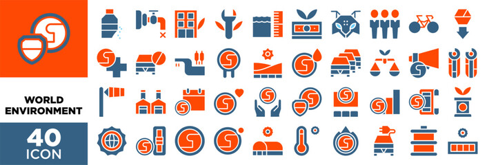 Poster - WORLD ENVIRONMENT icon set with various styles and colors Microplastics, Scarcity , Office , Restoration , Sea level, Money, Endangered, Overpopulation, Bycicle, Natural resources,