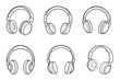 © RRskill - Six black and white outline drawings showcase modern over ear headphones