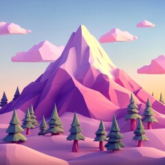 Low-poly mountain sunset digital art, snowy landscape, peaceful scene, website background