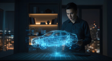 Poster - Man Analyzing Car Hologram Blueprint on Table with Blue Glowing Cityscape at Night Indoors