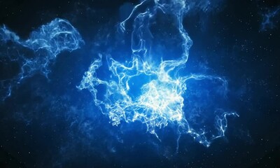 Poster - Festive blue fireworks with radiant spark trails on dark background made with Generative AI technology