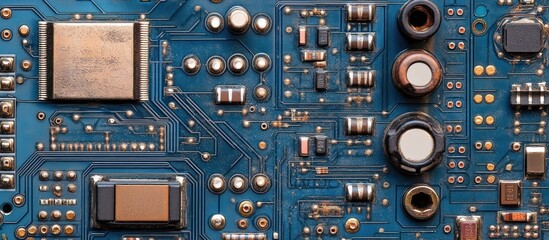 Poster - an abstract close-up capturing the intricate network of a vintage turquoise circuit board showcasing its electronic components and sophisticated design creating a visually captivating texture