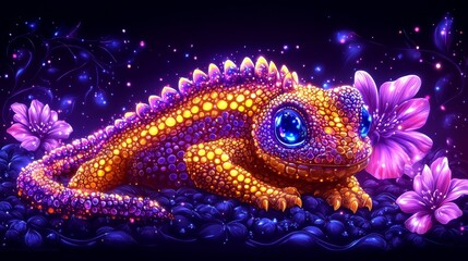Wall Mural - A vibrant pixelated chameleon blending cosmic hues amidst fantastical floral blooms evoking otherworldly reptile beauty in vivid detail for digital artwork