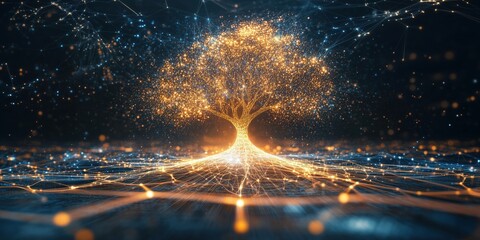 Poster - Digital tree of life with glowing connections and network patterns in dark background