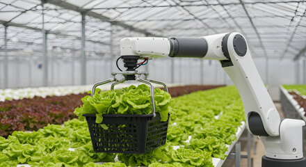 Poster - Robotic Arm Harvesting Lettuce in Modern Greenhouse with Rows of Green Plants and Hydroponic System