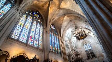 Aufkleber - Majestic Gothic Cathedral Interior Featuring Vibrant Stained Glass Windows and Architectural Splendor : Generative AI