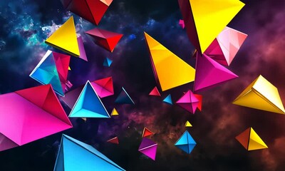 Wall Mural - dynamic abstract composition of vibrant, multicolored triangular shapes and prisms scattered across 