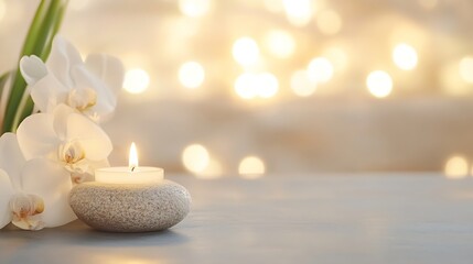 Aufkleber - Calming spa setup featuring lit candle and white orchids on smooth stone surface against blurred lights background : Generative AI