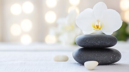 Poster - Zen Stones and Orchid Flower with Soft Focus Background : Generative AI