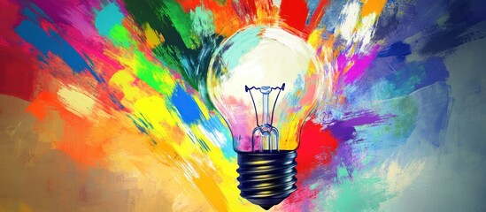 Poster - an incandescent light bulb, a symbol of ingenuity and creative illumination, bursts forth against an explosion of vibrant abstract colors, a digital painting that evokes a sense of inspiration