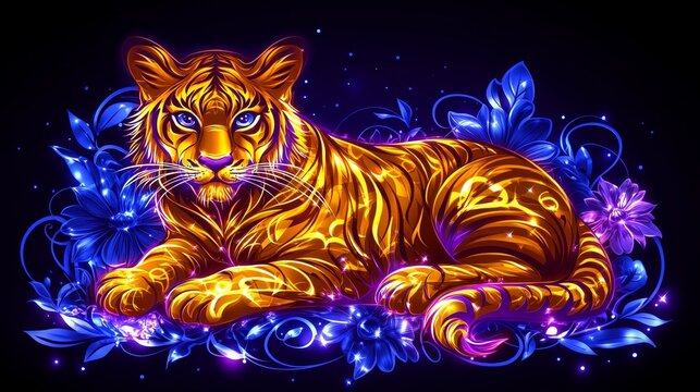 Digital tiger adorned with luminescence a majestic feline resting amidst glowing flora in high-resolution rendering for vibrant art and graphics