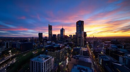 Aufkleber - Vibrant Sunset Over City Skyline Highlighting Urban Life and Modern Architecture : Generative AI