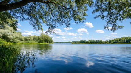 Poster - Tranquil Lake Surrounded by Lush Green Trees Under a Brilliant Blue Sky with Fluffy Clouds : Generative AI