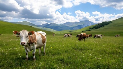 Poster - Cows Grazing in a Lush Green Field against a Mountainous Landscape under a Cloudy Sky : Generative AI