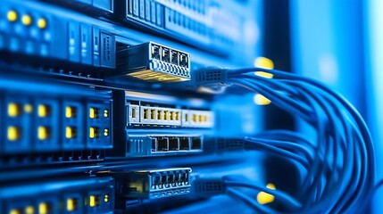 Fototapete - High Tech Server Rack Cables and Connectors in Blue Light Data Center : Generative AI