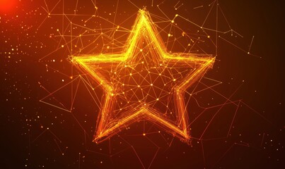 Poster - Glowing geometric star shape with orange lines and particles on dark background