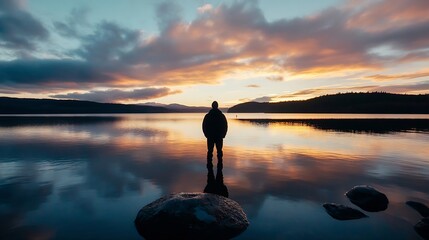 Aufkleber - Silhouette of a person standing by a calm lake at sunset with colorful sky reflected in the water : Generative AI