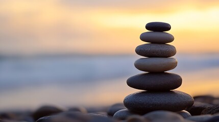 Aufkleber - Serene Stacked Pebbles by the Seashore at Sunset Enhancing Calmness and Tranquility : Generative AI