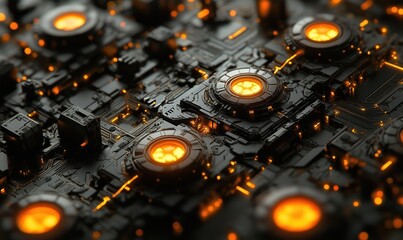 Poster - Futuristic circuit board with glowing orange elements and intricate black design