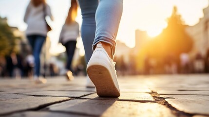 Aufkleber - Close Up of Person Walking on Cobblestone Pathway at Sunset with Backlit Figures : Generative AI