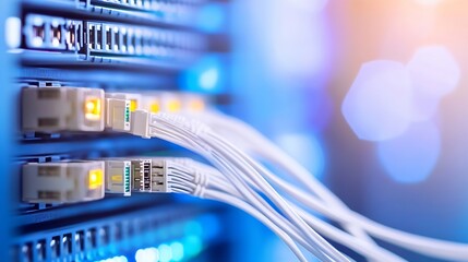 Fototapete - Close Up of Network Server with Fiber Cables Connecting Data for Internet and Technology Use : Generative AI