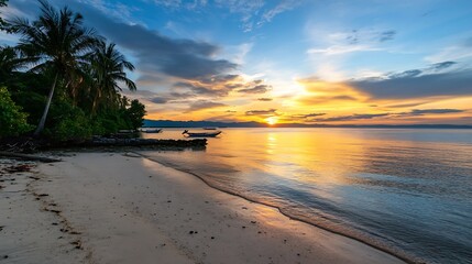Poster - Stunning sunset over calm sea captured at the beach with palm trees and boats silhouetted on the horizon : Generative AI