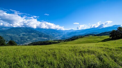 Poster - Breathtaking Mountain Landscape with Lush Green Hills and Scenic Clouds under a Bright Blue Sky : Generative AI