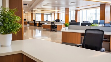 Poster - Modern office interior design showcasing a bright workspace with plants and large windows for natural light : Generative AI