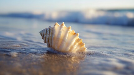 Aufkleber - Beautiful seashell resting on a sandy beach with gentle waves in the background and soft lighting : Generative AI