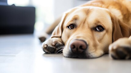 Poster - Loyal Labrador Dog Lying on the Floor with Relaxed and Calm Expression : Generative AI