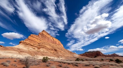 Poster - Vast Desert Landscape with Majestic Red Rock Formation Under Dramatic Sky : Generative AI