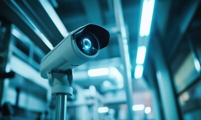 Poster - High-tech surveillance camera with blue LED light in modern facility