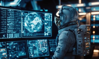 Poster - Astronaut monitoring Earth from futuristic control room with advanced technology