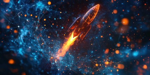 Poster - Rocket launching through digital space with glowing particles and network connections