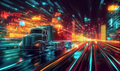 Poster - Futuristic truck speeding through neon cityscape with vibrant lights and motion blur
